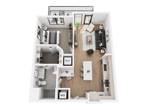 a stylized floor plan of a 1 bedroom192 sq ft